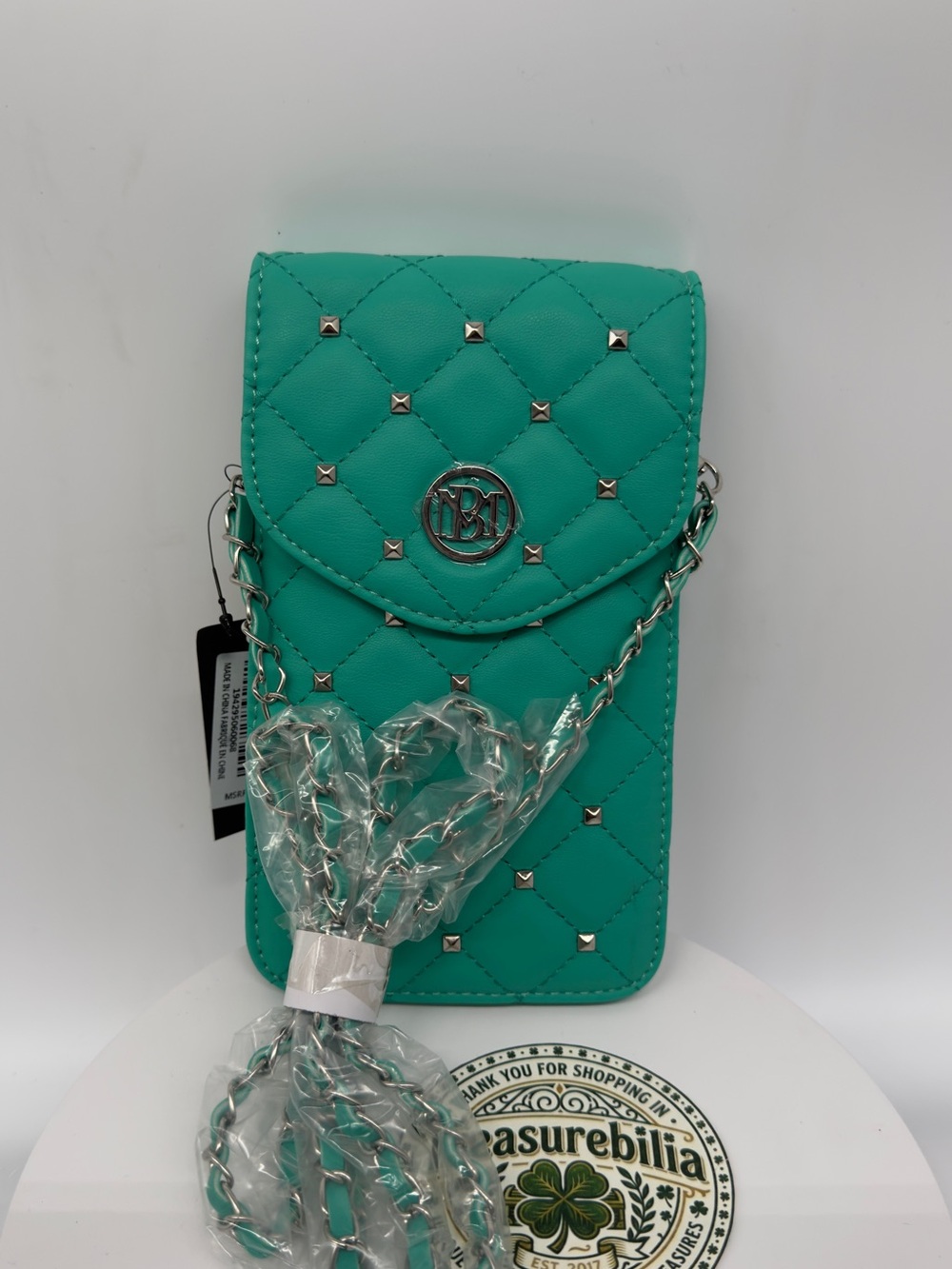 Badgley Mischka Quilted Green Studded Crossbody Phone Pouch